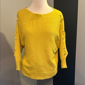 Carmen Marc Valvo Mustard Yellow Crew Neck Sweater with Lace-Up Sleeves